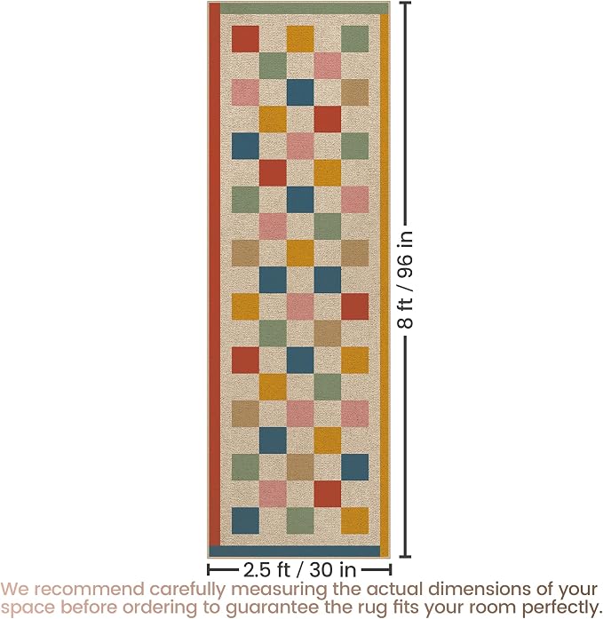Washable Checkered Easy Jute Runner Rug, 2x8 Colorful Checkerboard Boho Geometric Outdoor Indoor Patio Rugs, Low Pile Lightweight Non Slip Neutral Long Carpet for Hallway Kitchen 8ft Entryway Porch