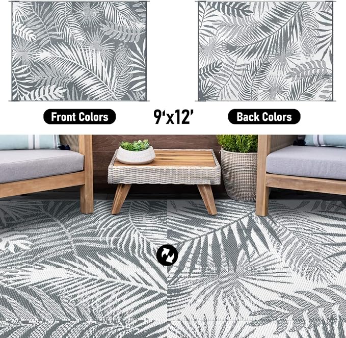 Outdoor Reversible Plastic Straw Rug, 9'x12', Cool Gray, Large Patio Mat for RV, Backyard, Deck, Picnic, Beach, Trailer, Camping
