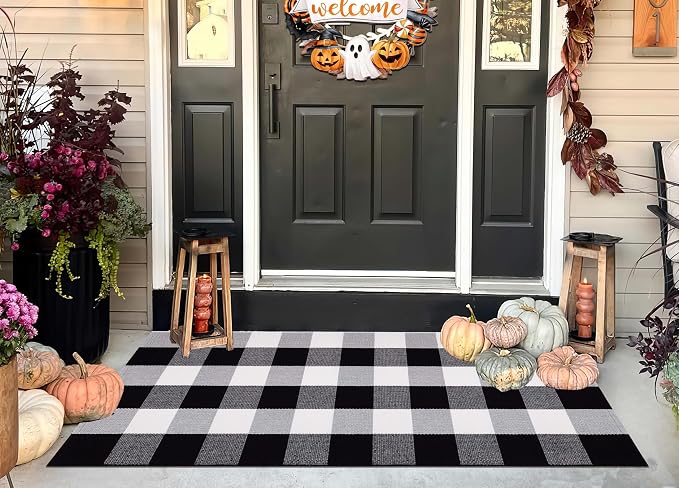 Buffalo Plaid Front Porch Rug 24''x 51''Black and White Checkered Outdoor Rug Cotton Machine Washable Farmhouse Mat for Outdoor, Kitchen, Farmhouse, Entryway,Bathroom