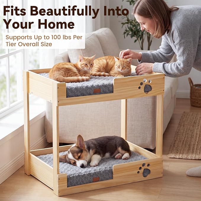 BALAPET Wooden Bunk Dog Bed with 2 Memory Foam Beds | Modern Pet Furniture, Waterproof Liners, Washable Covers, 31.1 x 20.9 x 29.9 in, Bedside Window Perch, For Medium Dogs & Cats