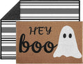 2 Pcs Hey Boo Ghost Halloween Doormats, 16 x 24 in Hey Boo Ghost Door Mat and 24 x 32 in Black White Striped Layering Rug, Fall Porch Decor for Indoor Outdoor Entryway Patio Kitchen Bathroom