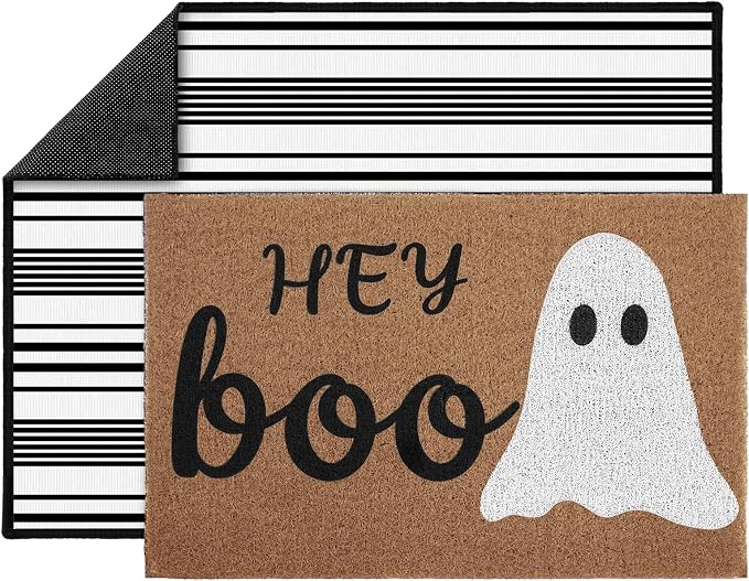 2 Pcs Hey Boo Ghost Halloween Doormats, 16 x 24 in Hey Boo Ghost Door Mat and 24 x 32 in Black White Striped Layering Rug, Fall Porch Decor for Indoor Outdoor Entryway Patio Kitchen Bathroom