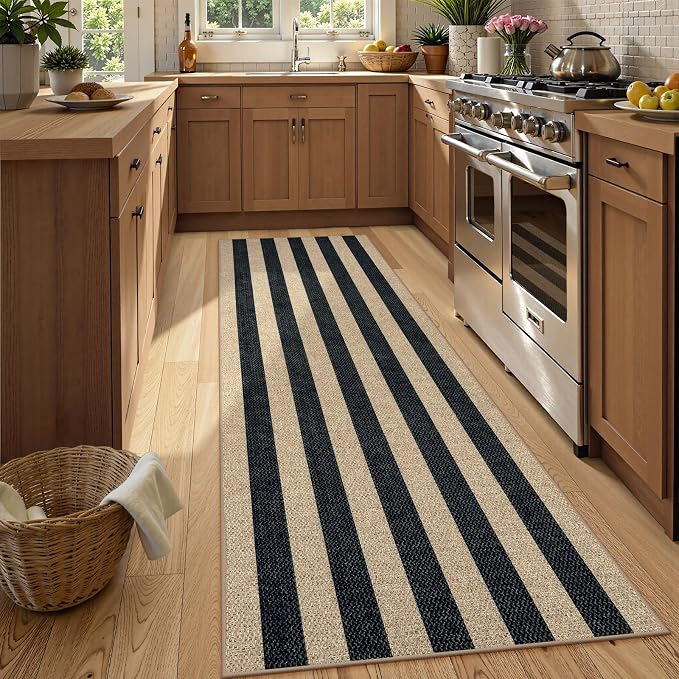 Lahome Striped Easy Jute Kitchen Runner Rug, 2x8 Outdoor Rugs Washable | Non Slip Black Runner for Long Hallway Entryway, Modern Farmhouse Non Shedding 8ft Indoor Carpet for Entry Porch Laundry Room