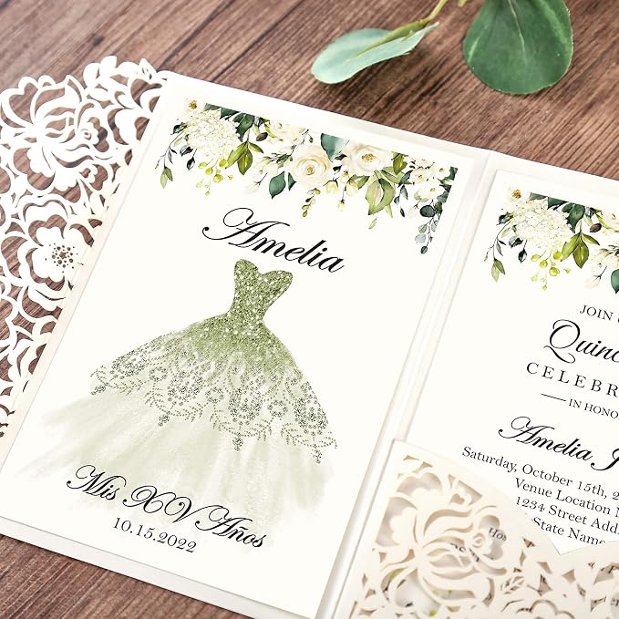 DORIS HOME 50Pcs Personalized Laser Cut Quinceanera Invitations, Ivory | 4.7"x7.1", Customized Quince Invitations, For 15th Birthday, Sweet 16, With Envelopes