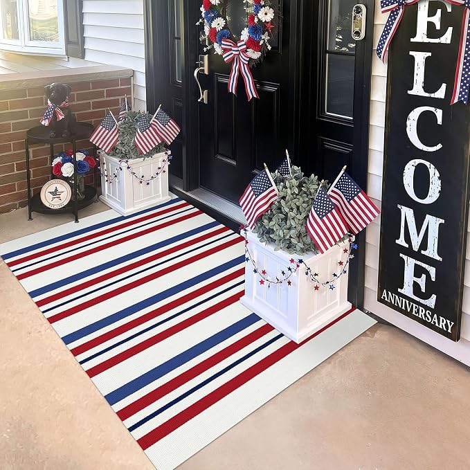KILOCOCO 250th Anniversary Patriotic Striped Rug 3x5 ft, Red Blue White | Washable Front Door Rug, Woven Welcome Mat for Front Porch, Outdoor Rug for Memorial Day, Indoor Independence Day Decor
