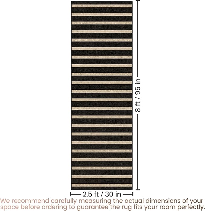Washable Striped Easy Jute Runner Rug, 2x8 Black Boho Geometric Outdoor Indoor Patio Rug, Low Pile Lightweight Non Slip Neutral Long Runner Carpet Mat for Hallway Kitchen 8ft Entryway Porch Farmhouse