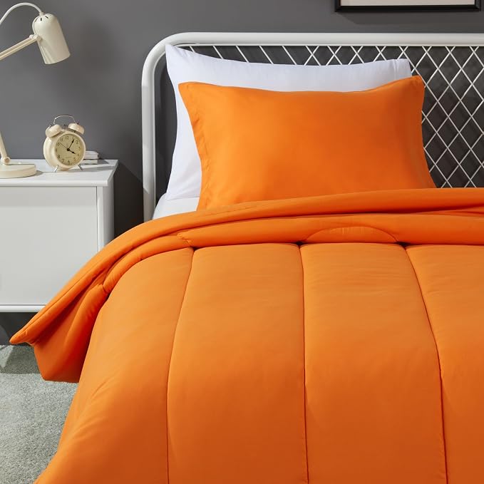 Amazon Basics 2-Piece Soft Microfiber Kids' Comforter and Pillow Sham Set, Twin, Bright Orange, Solid