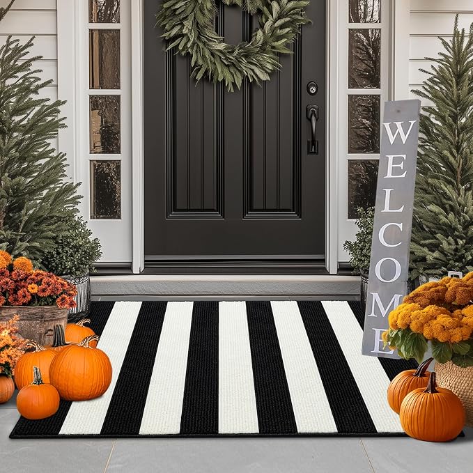 FONEYI Black and White Striped Rug, 20"x32" Front Door Mat Indoor Outdoor Rugs Washable, Non Slip Absorbent Striped Layered Doormats, Fall Door Mats for Front Porch/Kitchen/Farmhouse/Entryway/Patio