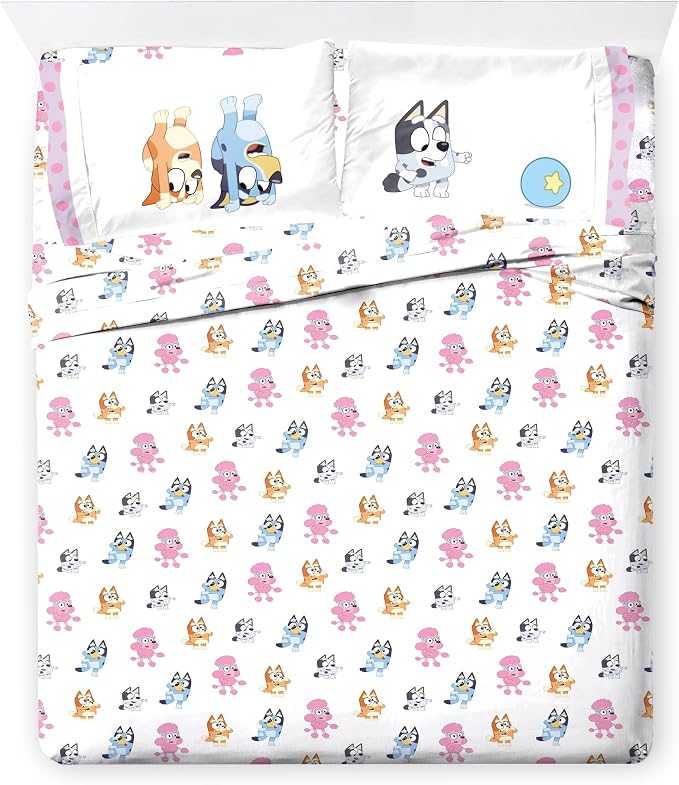 Bluey Bingo Queen Comforter Set 7 Piece Kids Bedding for Girls, Pink | Bed in a Bag, Comforter Sheets Shams Pillowcases, Official Brand, Soft Microfiber, Machine Washable, Girls Gift