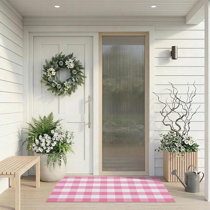 Buffalo Plaid Area Rug, Checkered Rug 3x5 Ft, Pink and White Rug, Washable Cotton Mat for Front Porch, Entryway, Kitchen, Living Room, Home Decor