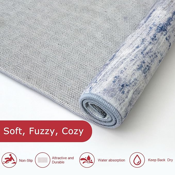 KOZYFLY Modern Abstract Washable Rug Runner 2x7 Hallway Runner Rug Non-Slip Soft Kitchen Runner Rugs, Print Grey-Blue Striped Carpet Runner for Entryway Bathroom Laundry Room Foyer