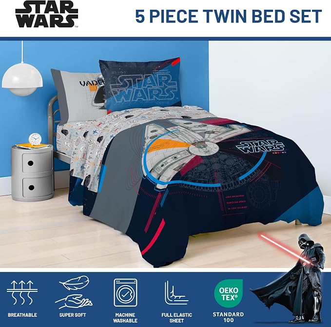 Star Wars Twin Comforter Set 5 Piece Soft Bedding for Boys, Dark Blue | Bed in a Bag, Comforter Sheets Sham Pillowcase, Official Product, Soft Microfiber, Machine Washable, Easy Care, Boys Gift