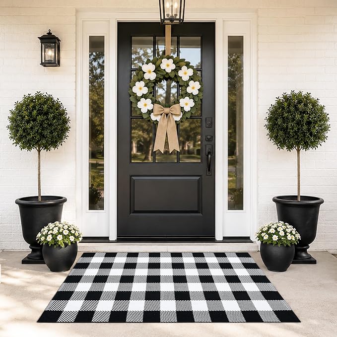 Black and White Buffalo Plaid Rug 3'x5', Machine Washable Layering Mat for Front Door, Entryway, Kitchen, Indoor Outdoor Low Profile Cotton Woven Check Rug