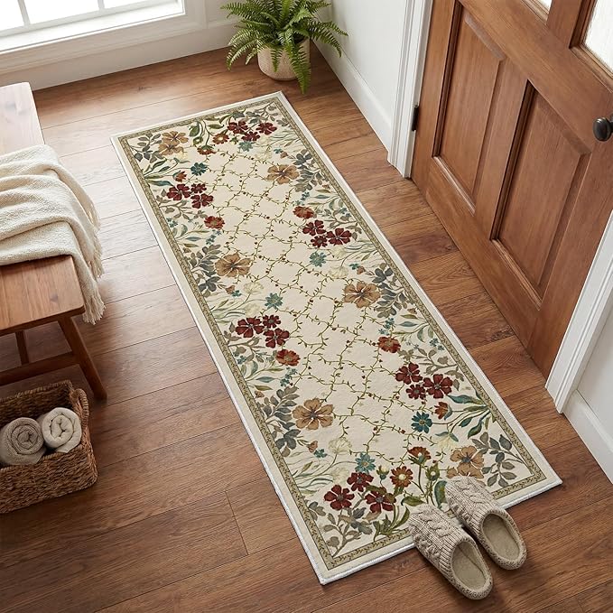 Artoid Mode Rustic Check Flower Spring Runner Rug, Summer Home Decor Low-Profile Non-Slip Washable Carpet Runner for Hallways Kitchen Laundry Bedroom Bathroom 2x6 Feet