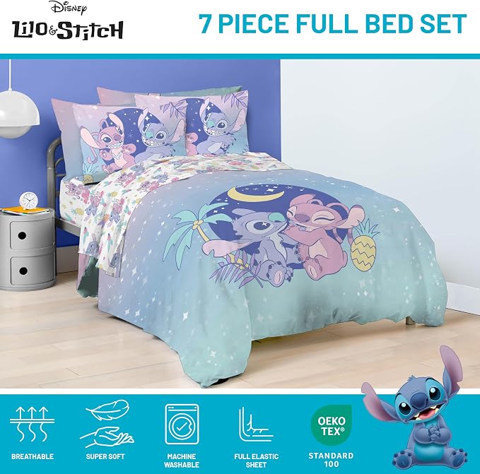 Disney Lilo and Stitch Full Comforter Set 7 Piece Kids Bedding, Multi | Bed in a Bag, Comforter Sheets Shams Pillowcases, Official Brand, Soft Microfiber, Machine Washable, Girls Gift