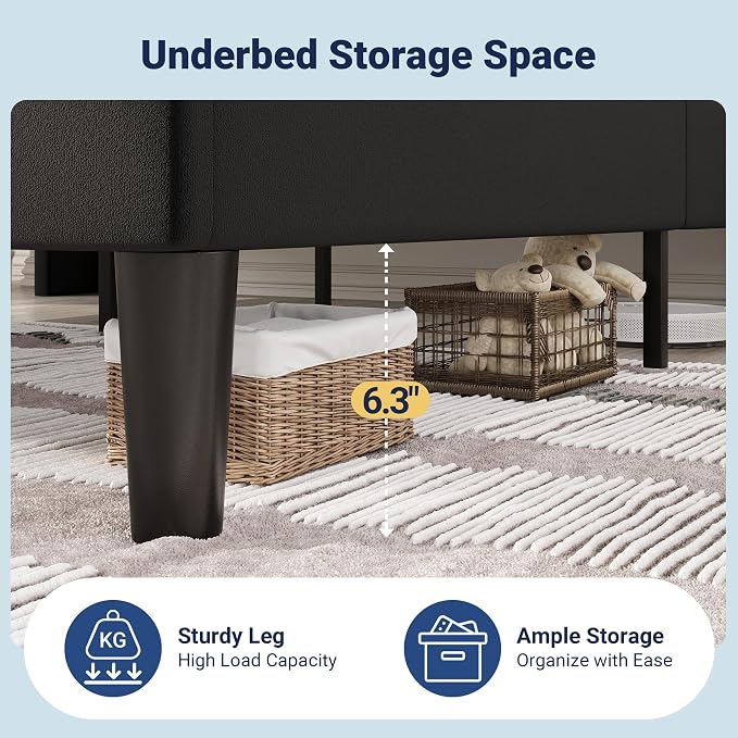Allewie King Size Platform Bed Frame with Charging Station and Storage Shelf/Upholstered Velvet Wingback Headboard/Wooden Slats Support/No Box Spring Needed/Easy Assembly, Black
