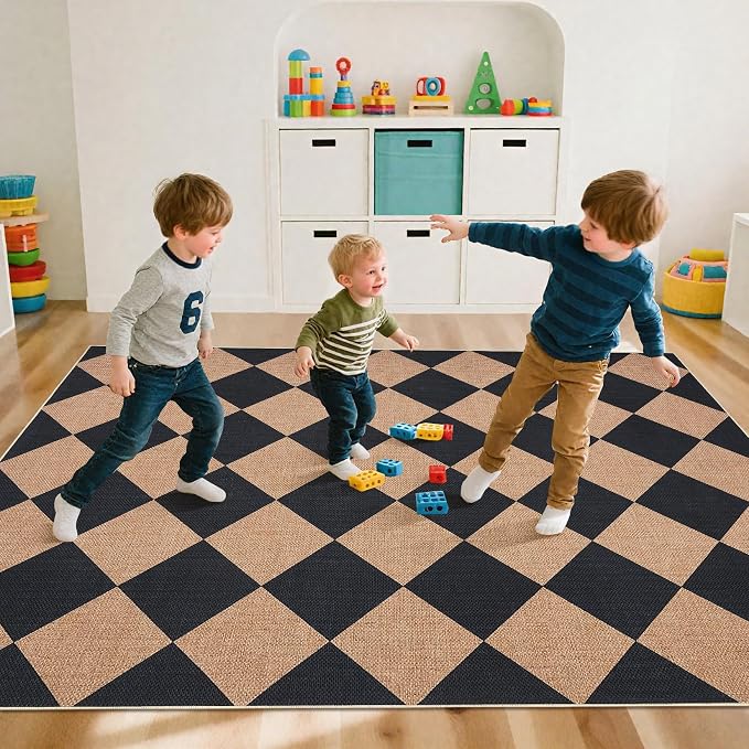 GarveeHome Checkered Easy Jute 3x5 Entryway Rug Machine Washable Outdoor Patio Rug Non-Slip Backing Checkerboard Black Tan Indoor Outdoor Carpet for Hallway Bathroom Kitchen Bedroom