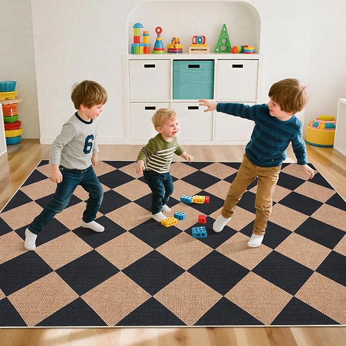 GarveeHome 9x12 Checkered Easy Jute Rugs for Bedroom Machine Washable Large Rugs Non-Slip Backing Modern Neutral Stain Resistance Carpets for Farmhouse Patio Dining Room Backyard Black Tan