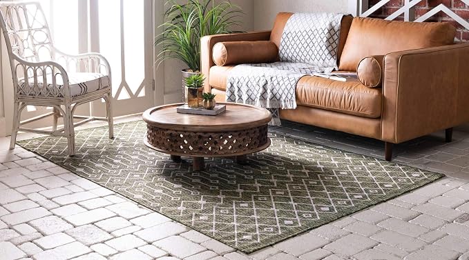 Unique Loom Outdoor Trellis Collection Area Rug - Tribal Trellis (9' x 12' Rectangle, Green/ Natural)