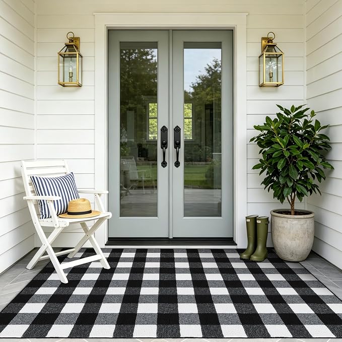 FONEYI Buffalo Plaid Outdoor Rug for Front Door Mats, 4'x6' Black and White Checkered Layered Door Mat with Non Slip Backing, Washable Entryway Rug for Porch, Front Porch and Farmhouse Decor