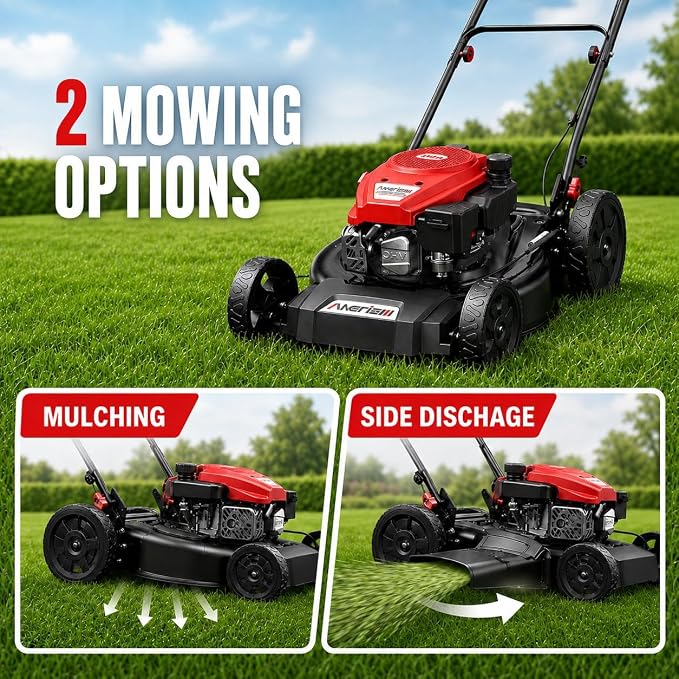 AMERISUN 21” Gas Lawn Mower, 144cc 4-Cycle OHV Walk Behind Push Mower with 2IN1 Mulching & Side Discharge, 6-Position Height Adjustment, Heavy-Duty Steel Deck for Small to Medium Yards