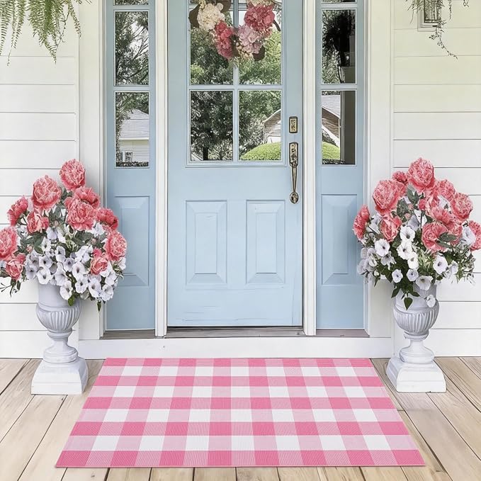 3x5 Ft Outdoor Rug, Pink and White Front Door Mat, Cotton Woven Entryway Rug, Washable Layering Rug for Front Porch Outdoor Decor