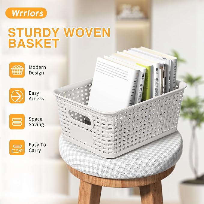 8 Pack Plastic Storage Baskets,White Stackable Storage Bins | 5.3qt Storage Containers with Labels for Organizing Shelves Drawers Desktop Closet Playroom Classroom Office