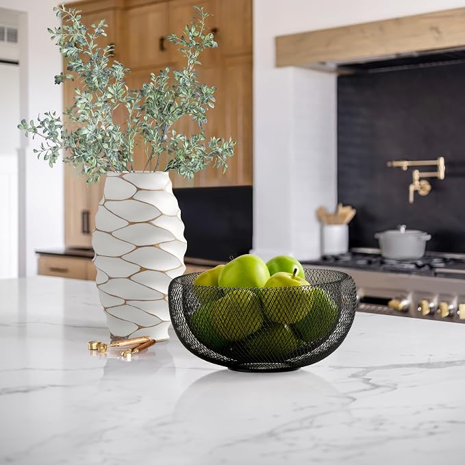 Torre & Tagus 11 Inch Black Double Wall Wire Mesh Metal Decorative Bowl, Modern Fruit Bowl Basket for Kitchen Island, Dining Room Table, Entryway Console, Great Room Accent Table, Home Office Decor
