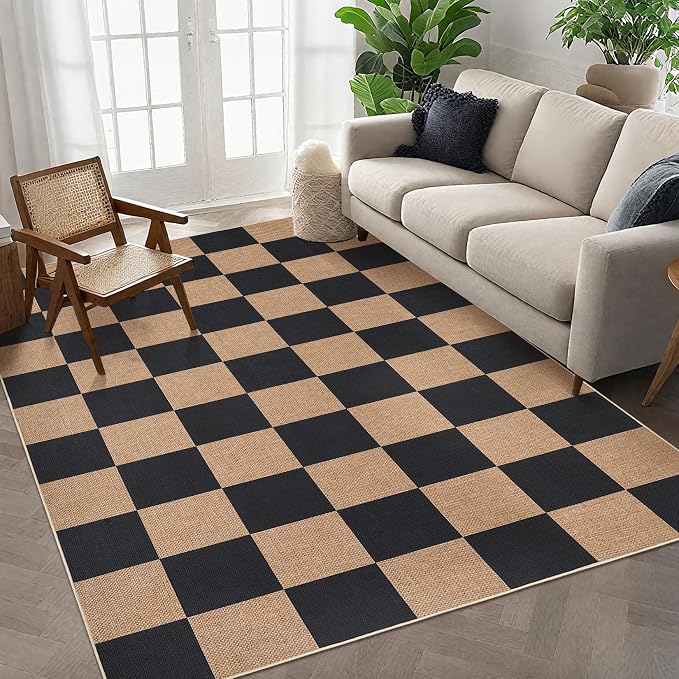 GarveeHome Checkered Easy Jute 3x5 Entryway Rug Machine Washable Outdoor Patio Rug Non-Slip Backing Checkerboard Black Tan Indoor Outdoor Carpet for Hallway Bathroom Kitchen Bedroom