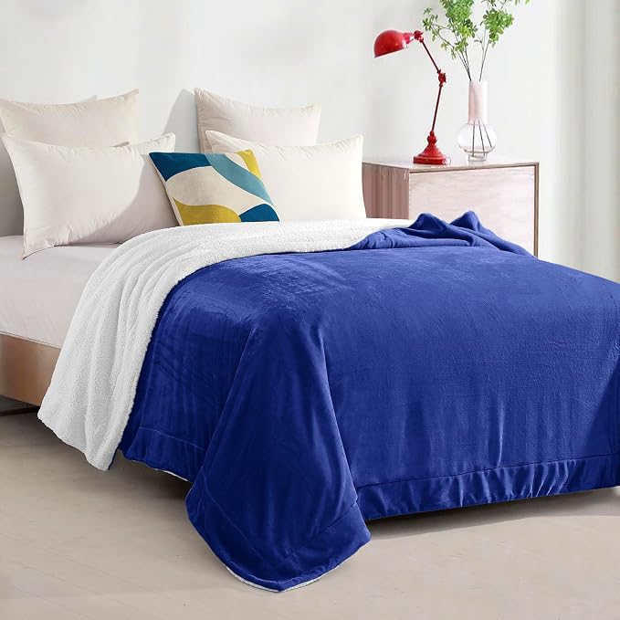 Elegant Comfort Ultra Soft Reversible Flannel Sherpa Blanket - Cozy Silky Fleece Throw for Couch, Bed - Plush Fuzzy Warm Winter Blanket for Gift, Queen, Royal Blue