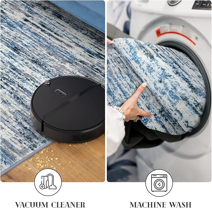 Lansny Modern Abstract Runner Rug 3x8, Grey Blue White, Washable Kitchen Runner Non-Slip Soft Hallway Rug Thin Print Faux Wool Carpet for Entryway Bedroom Laundry Room Indoor Home Office Decor