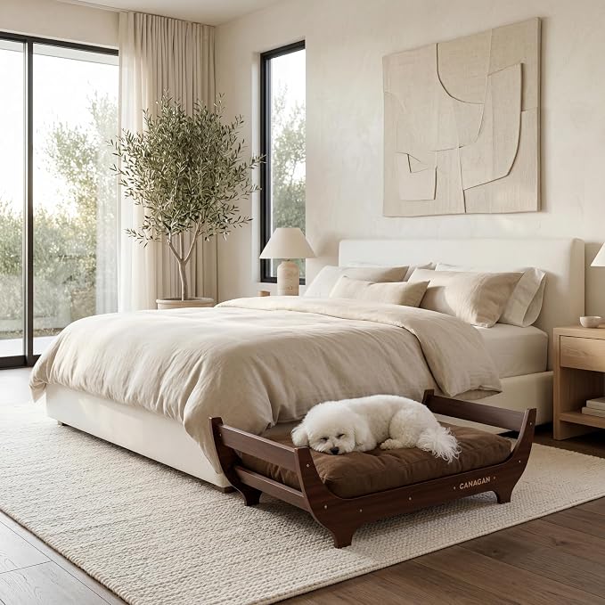 CANAGAN Elevated Wooden Dog Bed with Cushion, Walnut, Medium | Raised Dog Couch Bed with a Washable Cover and Plush PP-Filled Cushion, Designed for Medium Dogs and Stylish Indoor Living