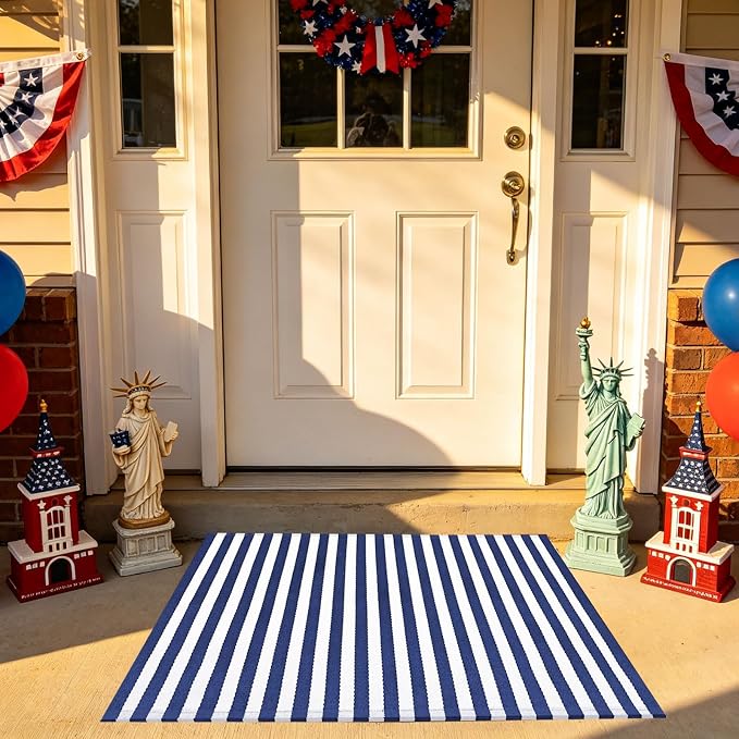 CAINANEL Blue and White Striped Rug 4th of July Door Mat Summer Front Porch Rug Independence Day Welcome Doormats for Farmhouse Entrance Porch Outdoors Decor(Blue and White, 24'' x 35'')