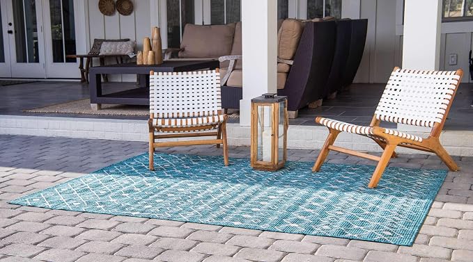 Unique Loom Outdoor Trellis Collection Area Rug - Tribal Trellis (9' x 12' Rectangle, Teal/ Ivory)