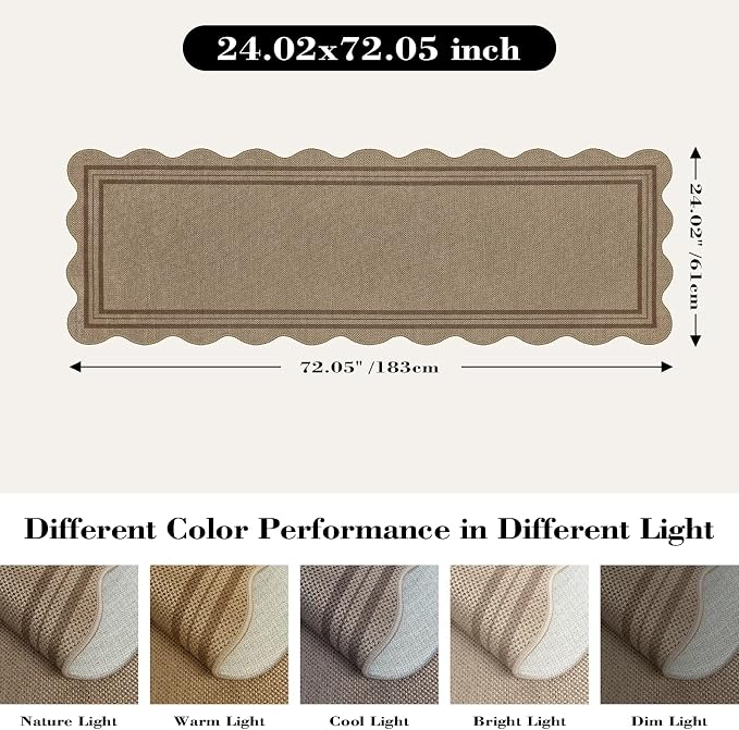Scalloped Easy Jute 2x6 Kitchen Runner Rug, Washable Rugs for Entryway Non Slip Outdoor Indoor Long Rug, Farmhouse Morden Carpet for Hallway Bedroom