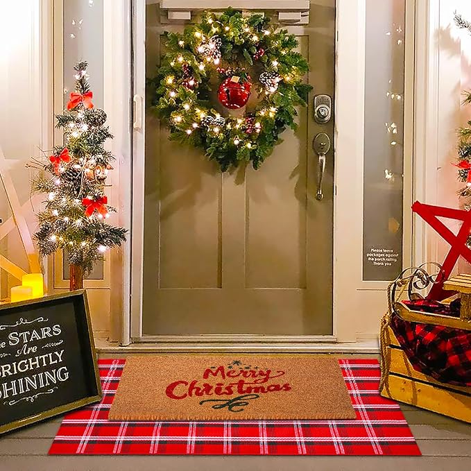 Christmas Red Green White Plaid Rug, 28" x 43" Cotton Hand-Woven Buffalo Check Layered Door Mat for Front Porch, Entryway, Outdoor Holiday Decor, Washable Farmhouse Rug for Home, Patio, Kitchen