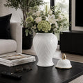 Decorative Ceramic Vase with Lid for Living Room and Home Decor - Elegant Flower Vase Accent for Room, Bedroom, or Office Display - Sculpted Table Accent for House Decoration - 15", White & Gold
