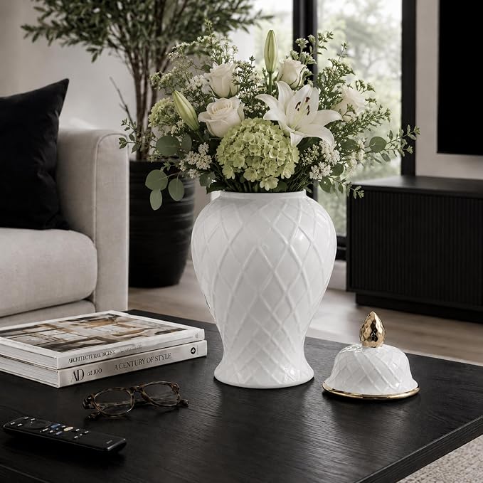 Decorative Ceramic Vase with Lid for Living Room and Home Decor - Elegant Flower Vase Accent for Room, Bedroom, or Office Display - Sculpted Table Accent for House Decoration - 15", White & Gold