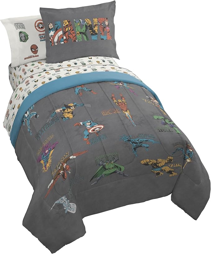 Marvel Comics Avengers Twin Comforter Set 5 Piece Bedding for Boys, Gray | Hulk Captain America, Comforter Sheets Sham Pillowcase, Official Product, Microfiber, Machine Washable, Boys Gift