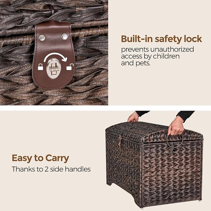 178L Handwoven Wicker Storage Basket with Lid, Large Storage Trunk | Leather Buckle Closure; Waterproof PP Wicker; Large Metal Ring Handles; Reinforced Steel Frame