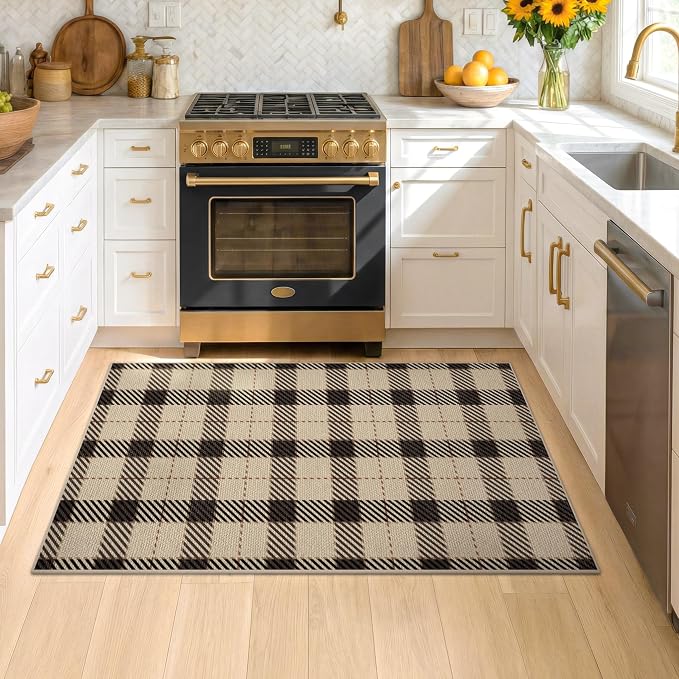 JTJ Outdoor Rug 3x5 for Front Porch, Washable Easy Jute Indoor Outdoor Rug, Non Slip Entryway Area Rug for Patio, Kitchen, Balcony, Farmhouse Black & Tan Plaid Rug