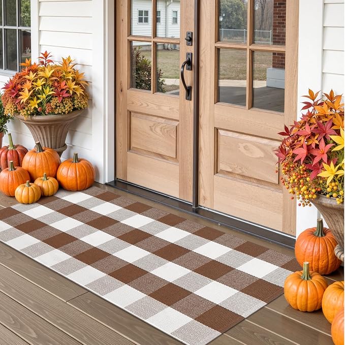 Collive Buffalo Plaid Checkered Outdoor Rug, Fall Autumn Decor Door Mat, 2x4.3 Coffee and White Front Porch Rug, Washable Welcome Layered Doormat Outside Entrance for Kitchen Entryway Patio