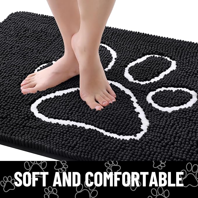 Smiry Dog Door Mat for Muddy Paws, Absorbent Dirt Trapper Non Slip Quick Dry Washable Chenille Mat for Mud Dogs, Entry Rug for Indoor and Outdoor (70x32 Inches, Black and White)