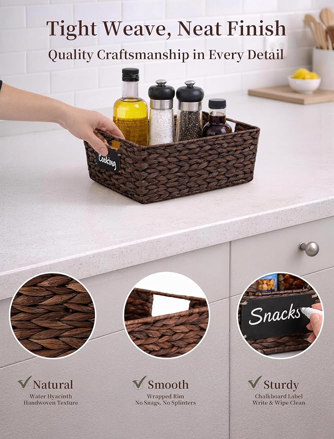 Pantry Baskets, 3 Pack Wicker Storage Baskets for Shelves, Brown | Water Hyacinth Baskets for Organizing, 3-Size Pantry Bins with Chalkboard and Marker for Shelf, Snack, Kitchen, Bathroom