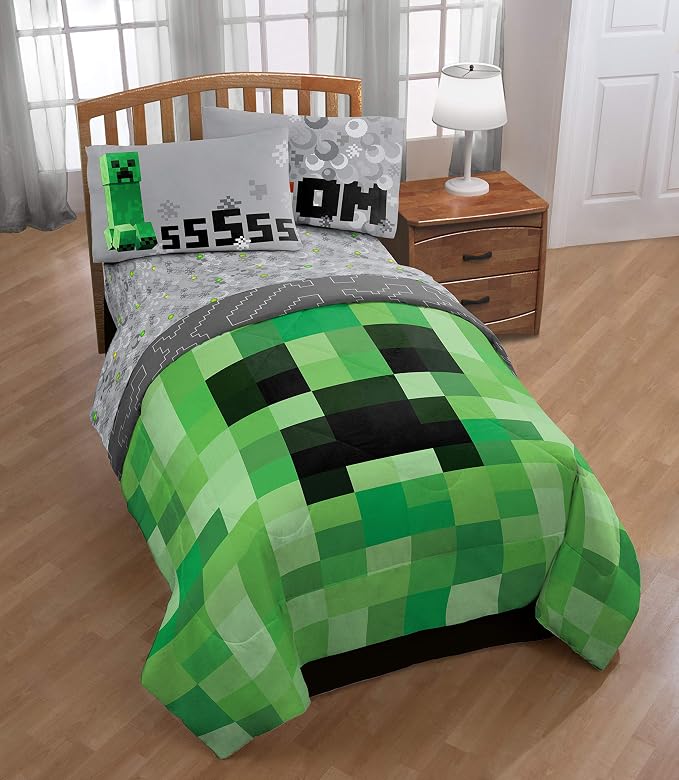 Minecraft Creeper Full Comforter Set 5 Piece Kids Bedding for Boys, Green | Bed in a Bag, Comforter Sheets Pillowcases, Official Product, Soft Microfiber, Machine Washable, Easy Care, Boys Gift