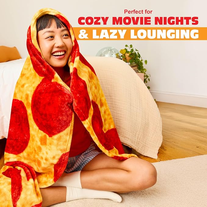 Cozy Concepts Co. Pizza Comfort Blanket by Relatable, Viral Trend Throw Blanket, Looks Like Giant Pizza to Wrap Yourself Up, Fun Dorm Decor or Back to School Gift, Large 60” Cozy Fleece Blanket
