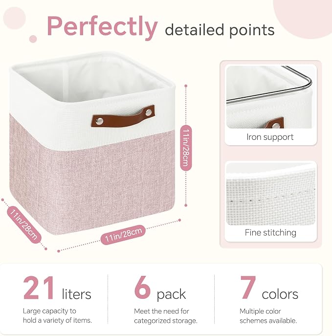 FinishingBo 11 inch Cube Storage Bin 6 Pack, Cube Organizer Bins | Fabric Storage Bins With Handles, 11x11 Storage Cubes, Shelf Basket, White Pink
