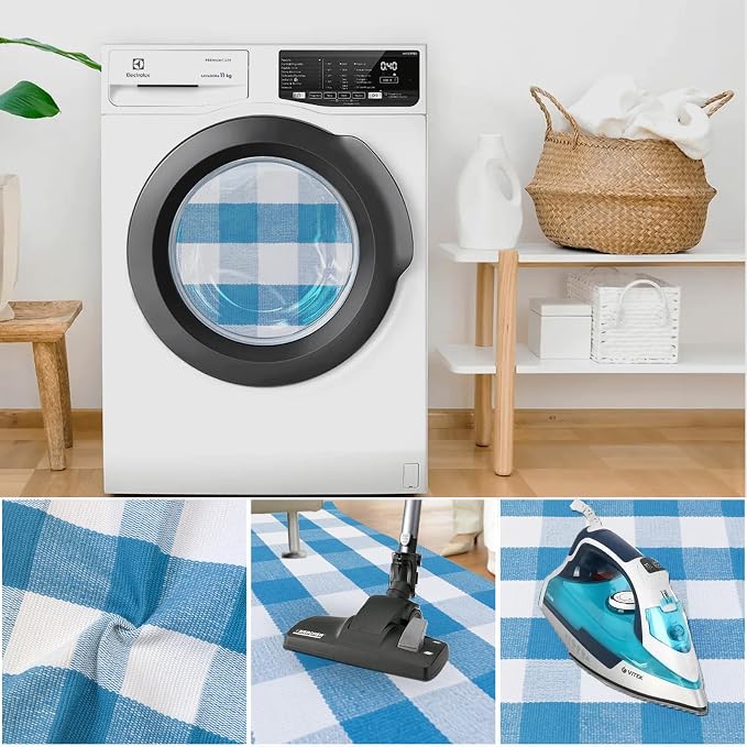Spring Rugs Blue and White Plaid, 28” x 43” Area Rug Outdoor Indoor Summer Front Porch Doormat Cotton Hand-Woven Layered Door Mats for Entryway Patio Entryway Laundry Bedroom