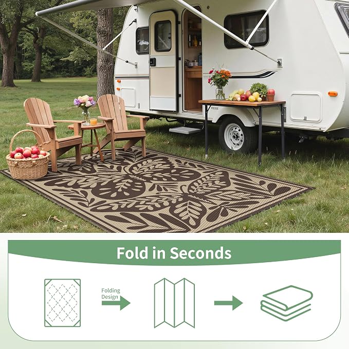 GENIMO Outdoor Rug, Waterproof Plastic Rugs for Patio, 6'x9' Latte Beige | Outside Larger Leaf Carpet Mat for Porch Decor, Deck, Balcony, Camping, RV, Backyard, Picnic, Beach, Reversible, Foldable