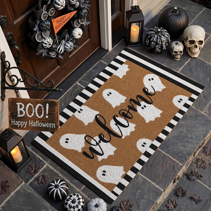 Tinideya 2 Pcs Halloween Door Mat Outdoor Cute Ghost Welcome Doormat for Front Door Non Slip Layered Ghost Coir Floor Mat Black White Stripe Halloween Rug for Outside Front Porch Entryway Decor